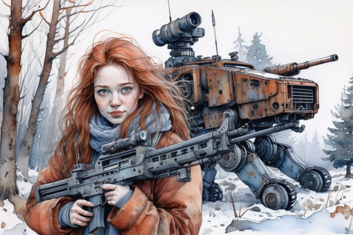 the most detailed watercolor drawing, the world of the post-apocalypse, winter, snow, close-up of a cheerful freckled red-haired girl with long tousled hair with a rifle in her hands, in the background there is a huge walking mechanical robot covered with rust, people in warm fur coats, in the distance you can see a forest and a peasant hut, the most detailed image, many small details, image in the style of Jakub Rozalski, watercolor + ink + fine lines drawing, maximum detail of the face and eyes, best quality, (Masterpiece: 1.5), (best quality:1.5). elaboration of small details, maximum emphasis on faces,