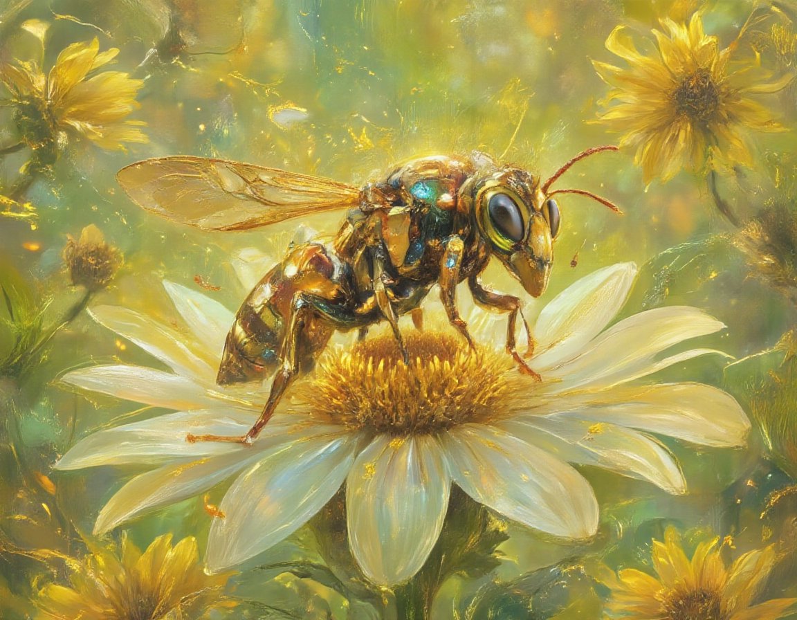 This is a highly detailed digital artwork featuring a realistic depiction of a Wasp,  meticulously rendered with a futuris...
