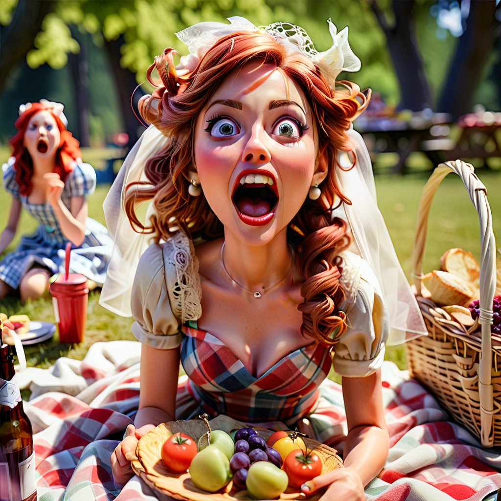 playful bride on a picnic, featuring a cinematic stop-motion shot, amusing expression, exaggerated features, detailed clothing, textured shading, bold outlines, soft lighting, playful atmosphere, dynamic pose, expressive eyes, vibrant color palette