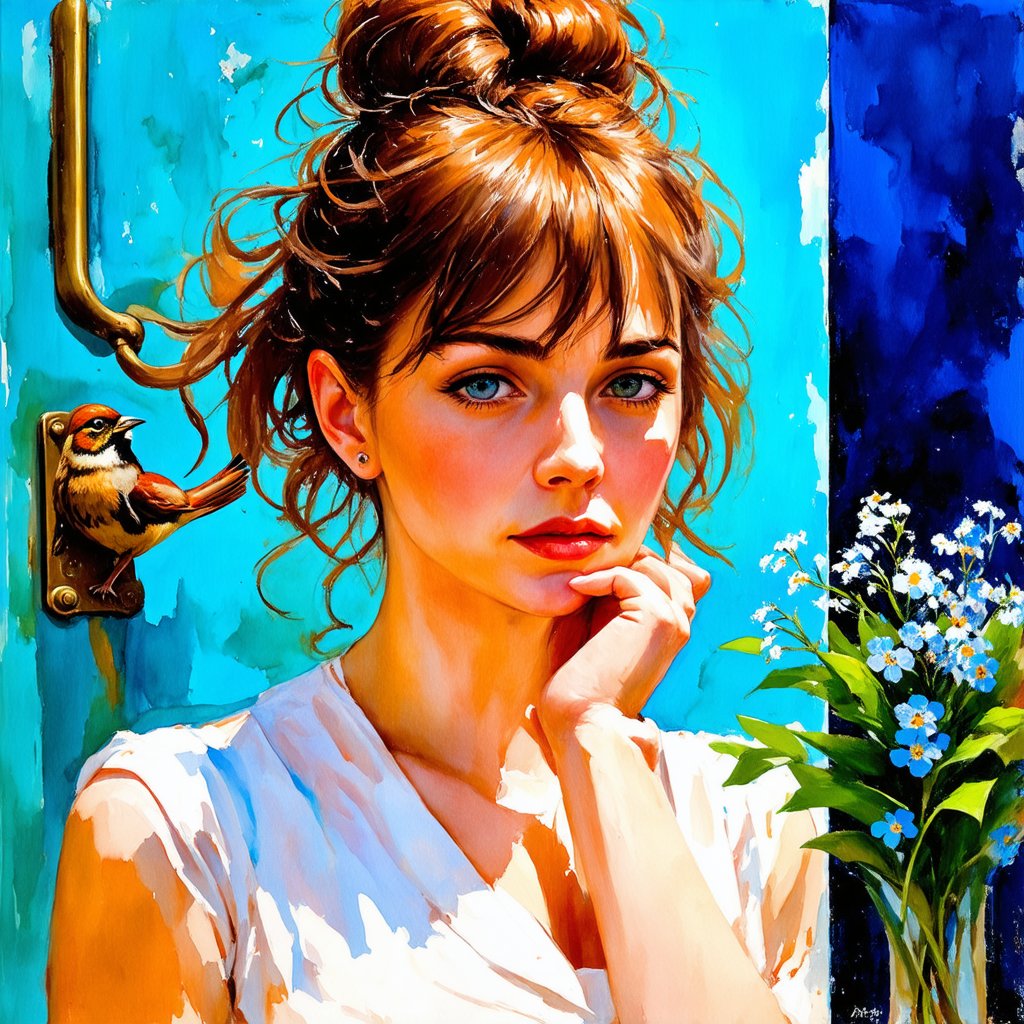  Watercolor, acrylic random pose, , beautiful Russian woman, hairstyle brown hair bun, bangs, emotions and artistry, , wind, turquoise wooden background, shabby door, bronze vintage door handle, behind the handle there is a small bunch of forget-me-nots, a sparrow is sitting on the handle, a small note is pinned, big strokes, in the style of Mikhail Garmash.