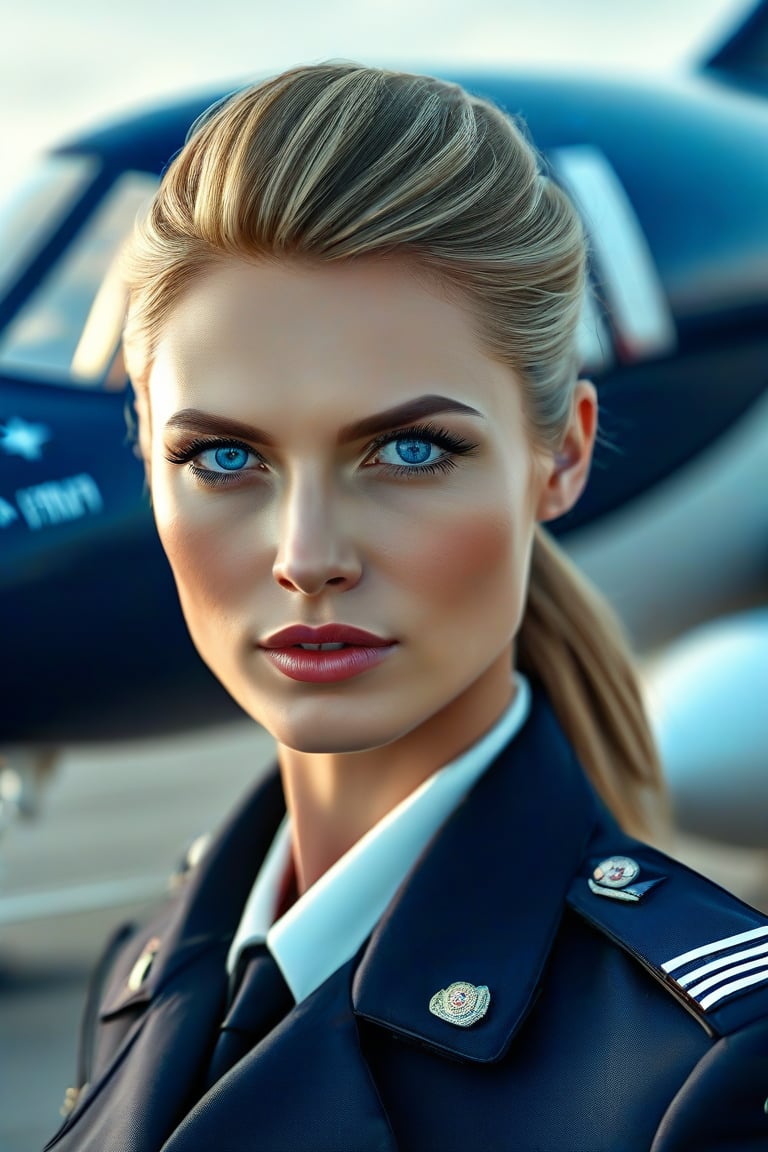  Portrait of a beautiful European female pilot, eyes with elongated corners, and light blue eyes cunning eyes, glossy skin, fashionable hairstyle in 2024, against the background of the airfield private jet, cinematic lighting, frame from the TV series