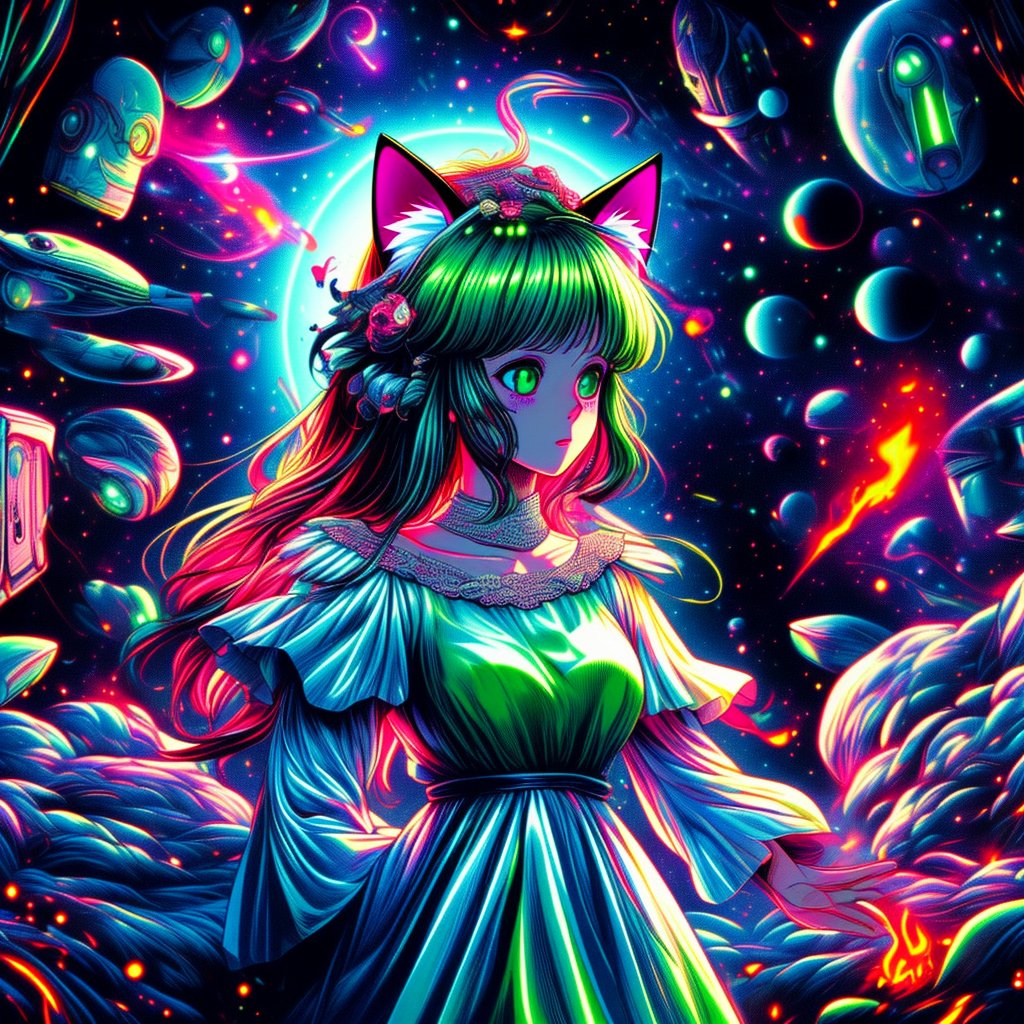 distant space, the spirit of angel,in the form of a girl, cat ears on her head, shining with green light, in a white dress, fighting with a space mutant, burning with a blue flame, emitting a bright red flame, style anime