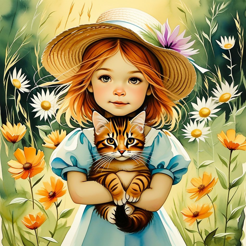  watercolor acrylic random pose little girl holding a ginger kitten in a field of flowers, beautiful detailed illustration, honey wind, storybook illustration inspired by Nicoletta Ceccoli, Michael Kaluta and Jia Ruan, she is the center of the garden, thistle, friendly