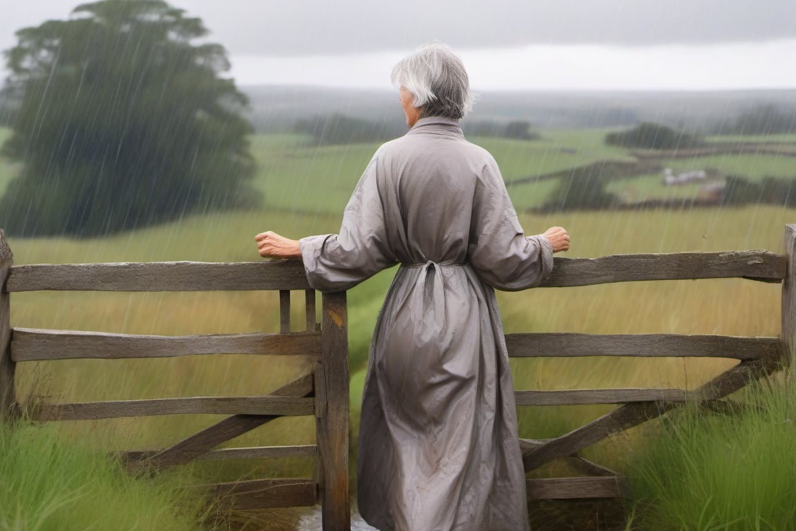 oil, broad strokes, woman holding an open gate in the rain, inspired by Howard Chandler Christie, England, style by Laura Sawa, grey-haired, close-up against nature, in the countryside, beautiful illustration by William Edward Scott, beautiful flowing fabric, dirty clothes, storm