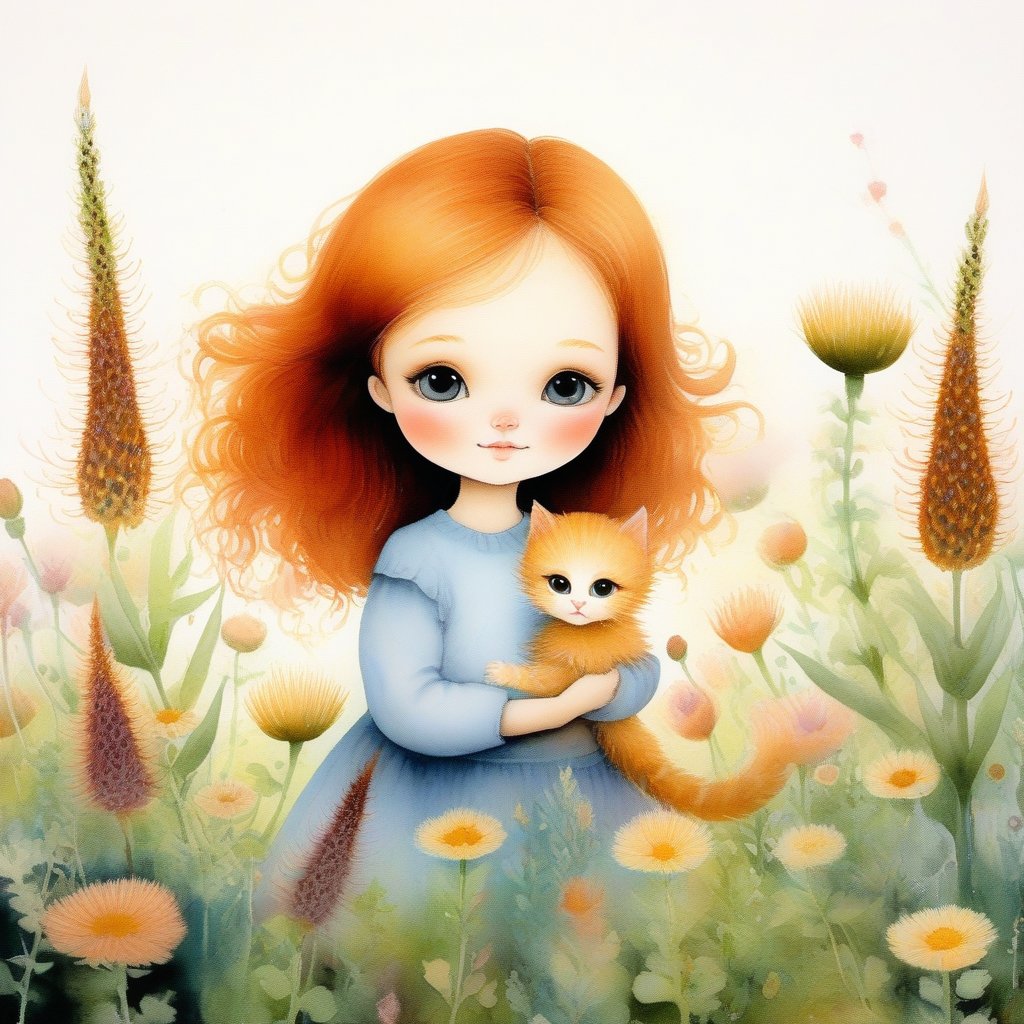  watercolor acrylic random pose little girl holding a ginger kitten in a field of flowers, beautiful detailed illustration, honey wind, storybook illustration inspired by Nicoletta Ceccoli, Michael Kaluta and Jia Ruan, she is the center of the garden, thistle, friendly