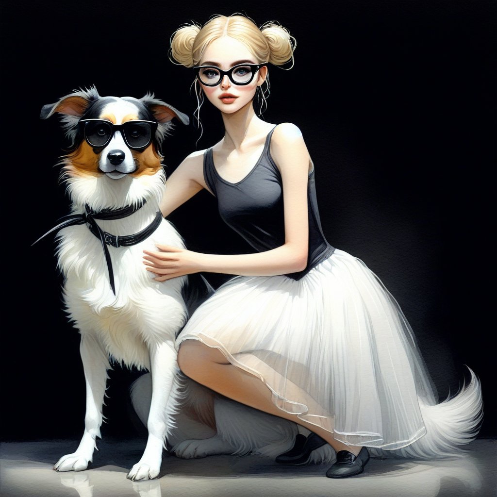 watercolor acrylic, random interesting pose, Russian woman in a white dress and a black and white dog, ballerina, sports glasses on a dog)), for a catalog, blond hair. ponytail, tutu, dark background