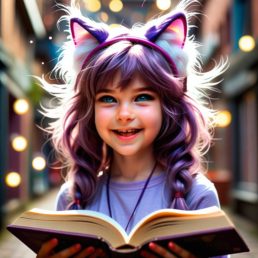 (walks, stands, runs, dreams) ;
(heroine of a book about magic) ;
(girl, fluffy cat ears on her head) ;
(in a great mood casts a spell) .