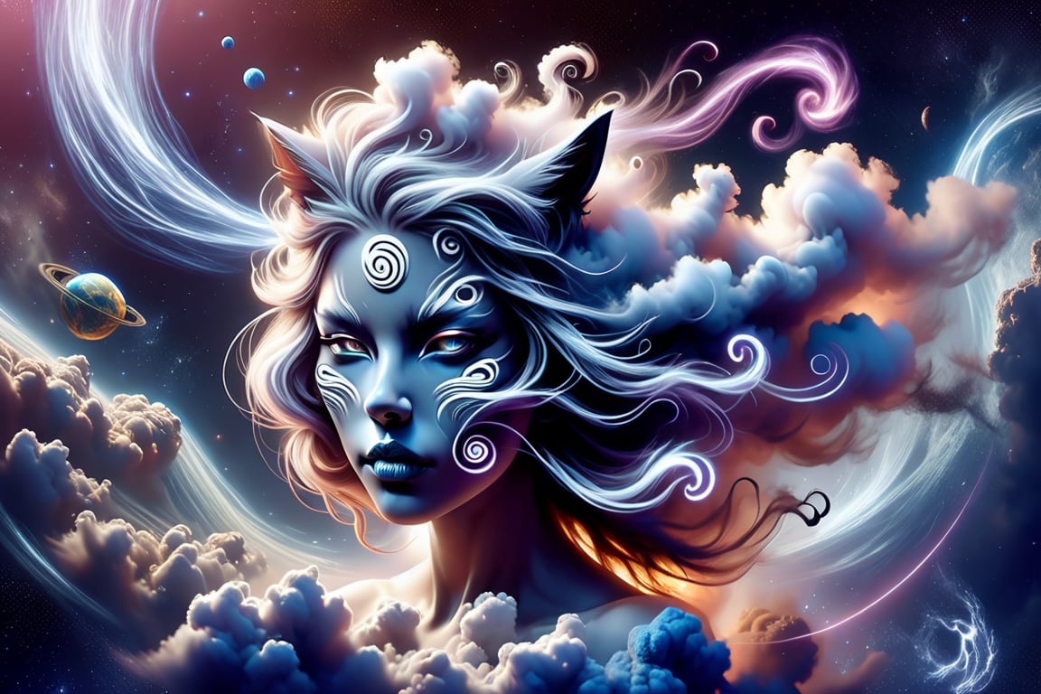 wind, a thundercloud, in the form of a smoky girl, with long hair and cat ears on her head, rises in space above the planet