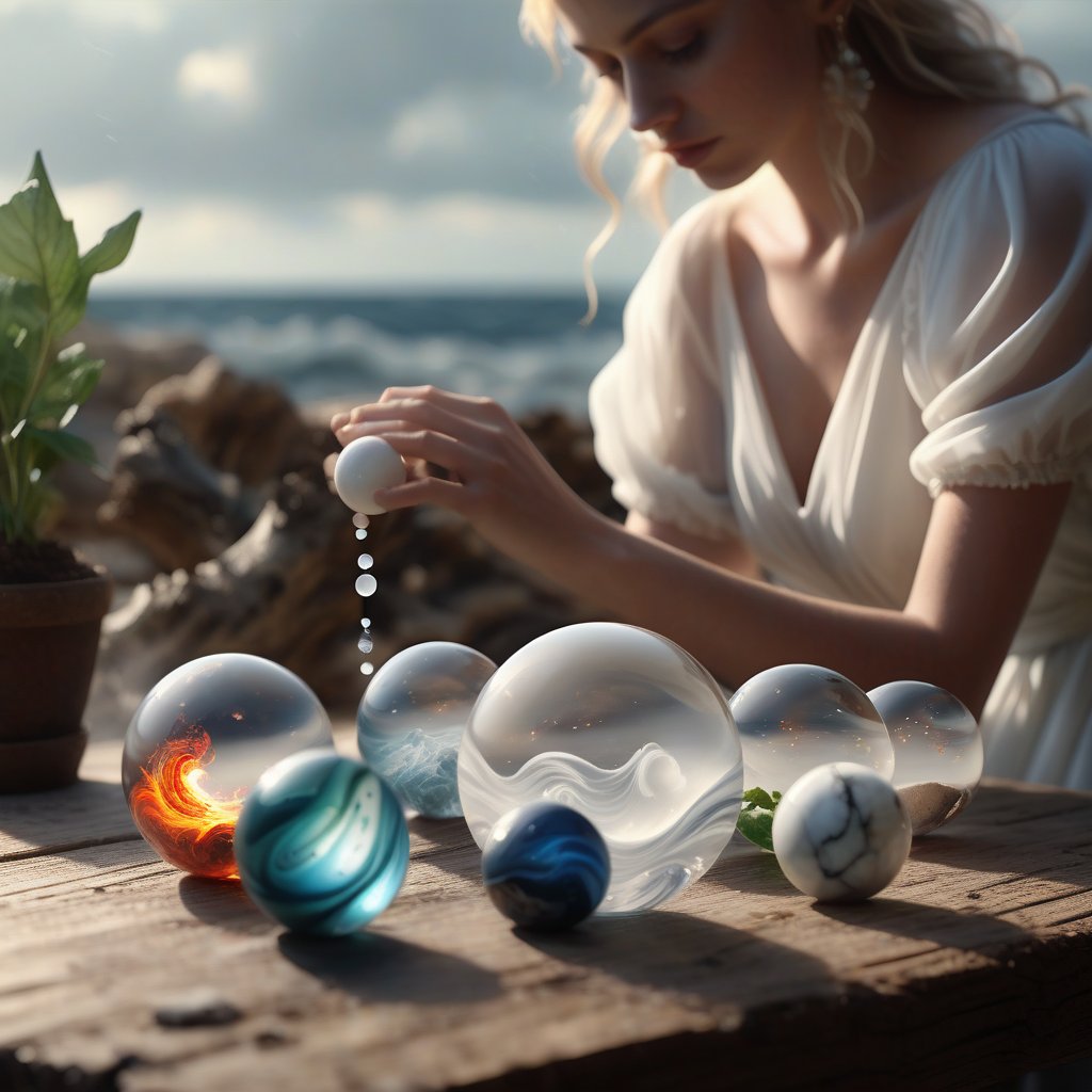 White woman sitting at a table, yareo chiffon dress, on the table are 4 marbles , each with different elements, 1 with soil and plants, 1 with sea waves, 1 with raging fire, 1 with tornado, on an old piece of wood, hyperrealistic, 4k, f1.8, boketh, depth of field, refraction, reflection on wood, photography, luminous, luminous particles coming out of marble