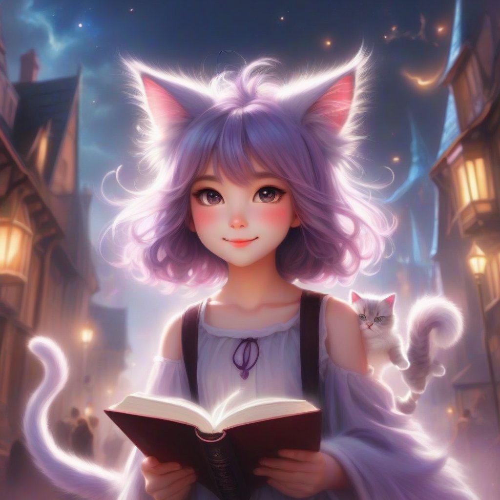 (walks, stands, runs, dreams) ;
(heroine of a book about magic) ;
(girl, fluffy cat ears on her head) ;
(in a great mood casts a spell) .