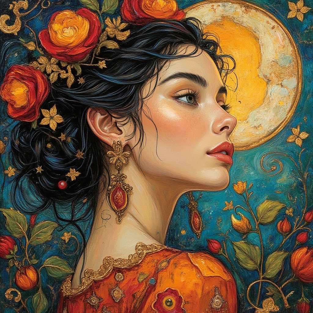  beautiful woman in the style of Gustav Klimt, oil painting, flowers, sun and moon, bright colors, elements of gold, realism, colorful brushstrokes.