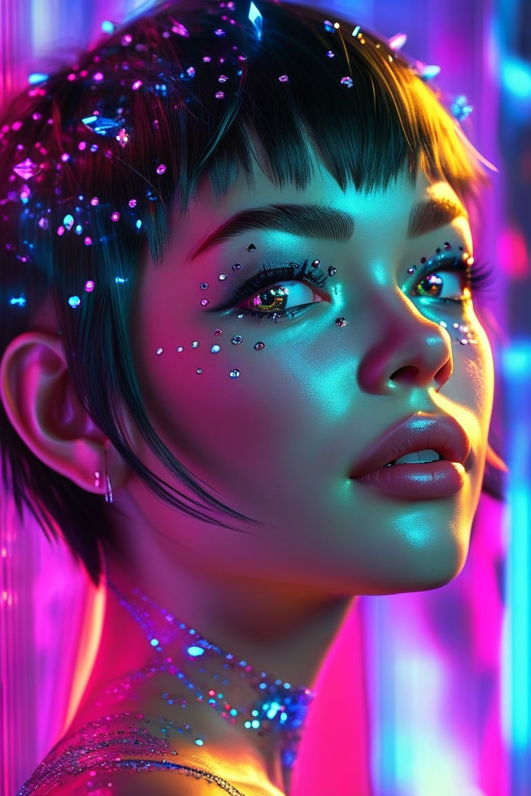 cyberpunk, detailed face, cheerful girl 18 years old, juicy unusual hair colour, pixie hairstyle, face decorated with iridescent rhinestones, playful eyes, background neon blue-orange with crystals, soft glowing lights, reflections, vibrant colors, dynamic composition, high contrast, futuristic elements, modern art style