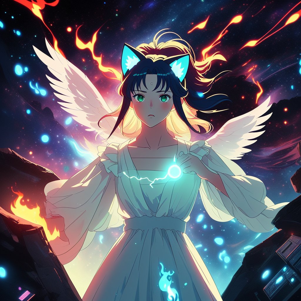 distant space, the spirit of angel,in the form of a girl, cat ears on her head, shining with green light, in a white dress, fighting with a space mutant, burning with a blue flame, emitting a bright red flame, style anime