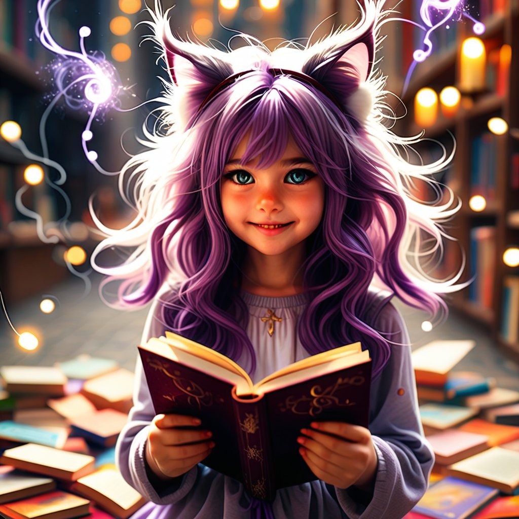 (walks, stands, runs, dreams) ;
(heroine of a book about magic) ;
(girl, fluffy cat ears on her head) ;
(in a great mood casts a spell) .