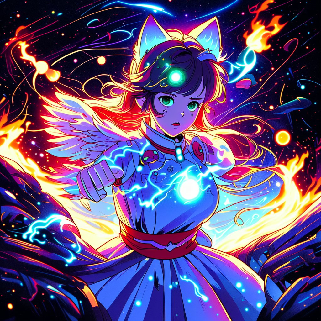 distant space, the spirit of angel,in the form of a girl, cat ears on her head, shining with green light, in a white dress, fighting with a space mutant, burning with a blue flame, emitting a bright red flame, style anime