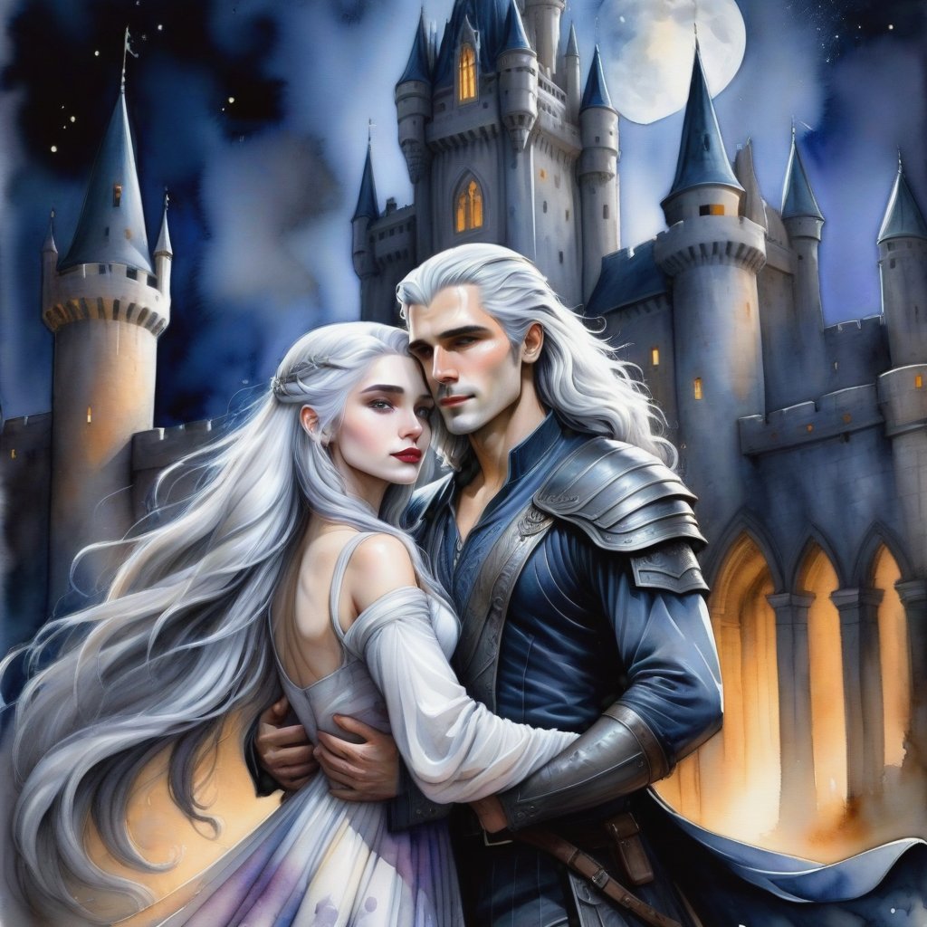 watercolor noir couple white man and woman standing next to each other beautiful fantasy portrait magali villeneuve style...