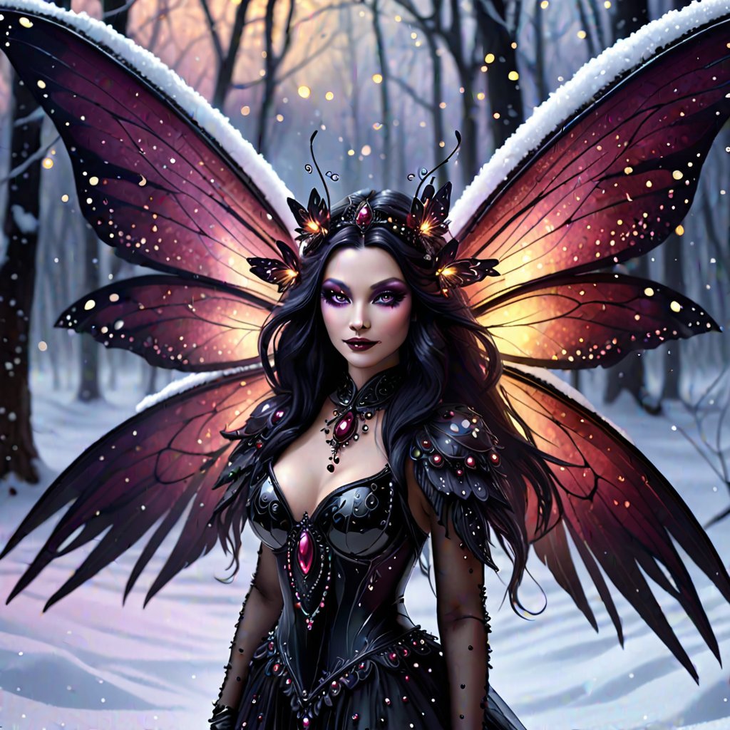 Dark fantasy. Dark Fairy, mistress of dark forces, detailed facial features, large transparent dark wings with small black pearls. Stands on fluffy snow covered with bright spots of burgundy paint. Fireflies fly around. Extreme detail. High definition image. Wallpaper.