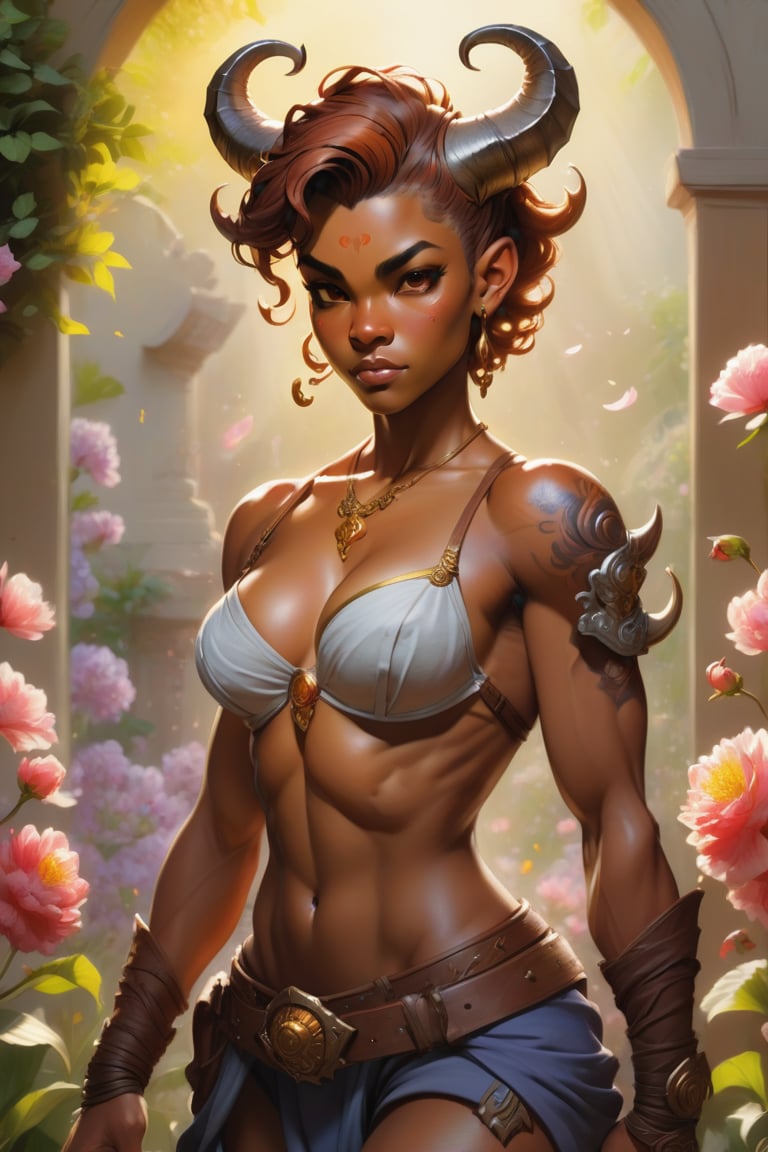  Artistic expression in the style Space Opera, (masterpiece:1.3), (perfect art:1.3), by G-host Lee, portrait of a girl tiefling, brawler amazing anatomy, full body, Muscular arms, portrait tattoo, with honey eyes, pompadour, dressed in the berserker's fur, carefree pose, cowboy shot, in the background a garden of eternal spring where flowers bloom year-round, their petals imbued with the scent of paradise, gentle ripples of magic spreading wisdom and insight style, backlight positioned behind the subject to create a rim of light, adding depth and separating the subject from the background, style by Jerry Pinkney, image should be exhaustive, genuine authenticity in portrayal, HDR, technical drawing render, trending on VSCO