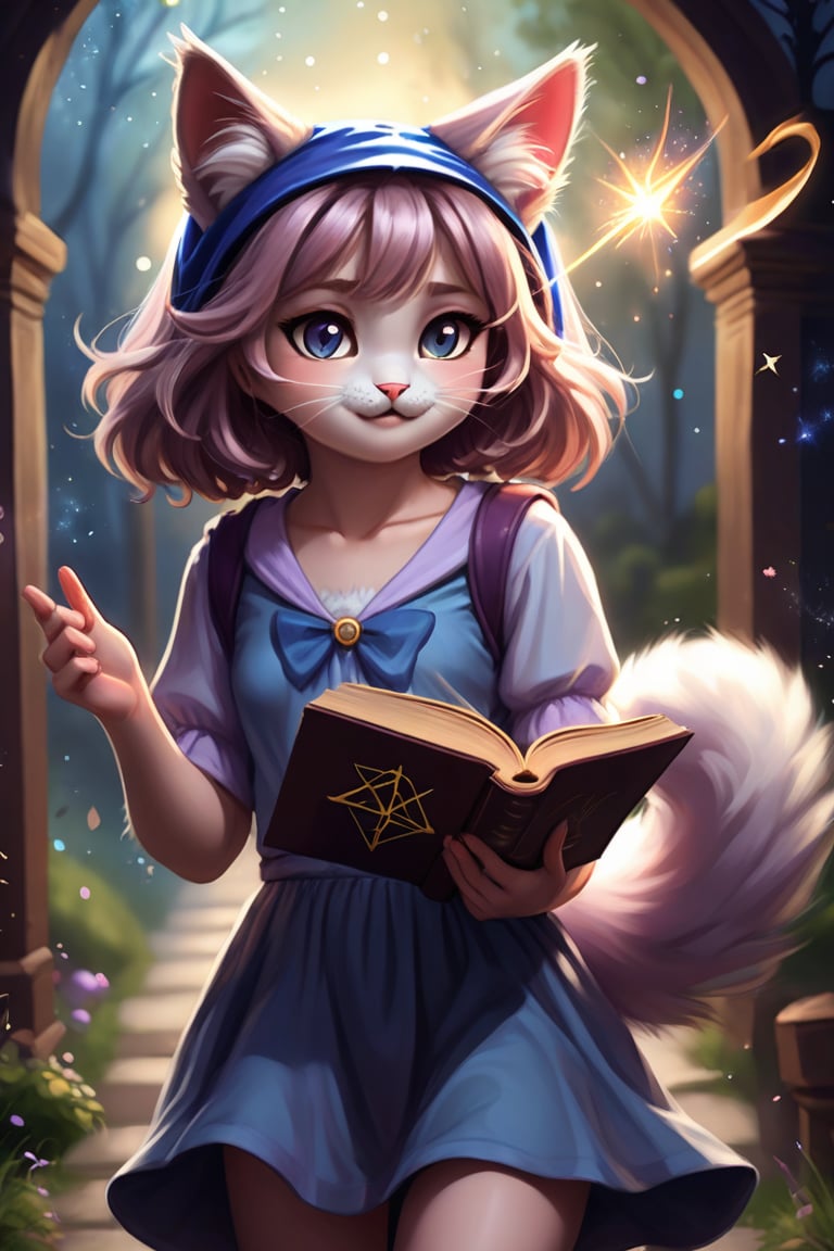 (walks, stands, runs, dreams) ;
(heroine of a book about magic) ;
(girl, fluffy cat ears on her head) ;
(in a great mood casts a spell) .