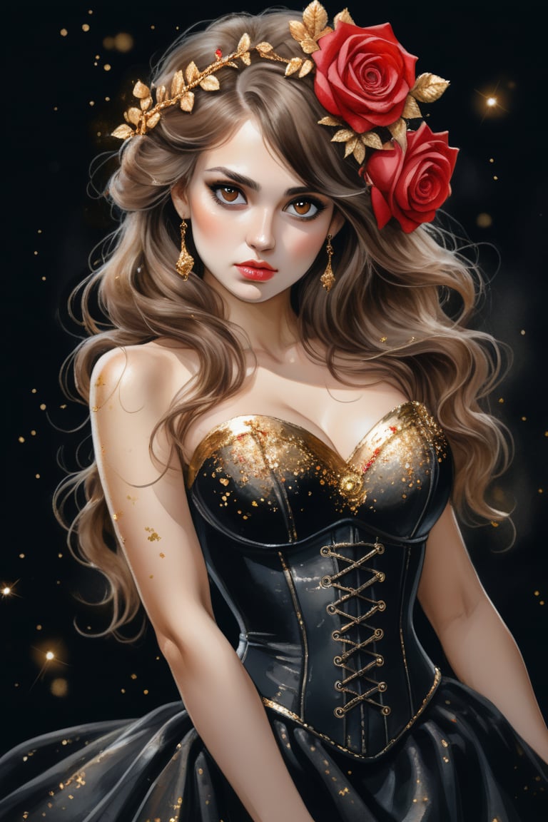 watercolor acrylic Russian woman with red roses in her hair, roses with gold sparkles, model 5 0 0 px, black silk dress with gold sparkles, corset, half-turn look, Nikon d 8 5 0 camera, black intense eyes, random pose, dark background