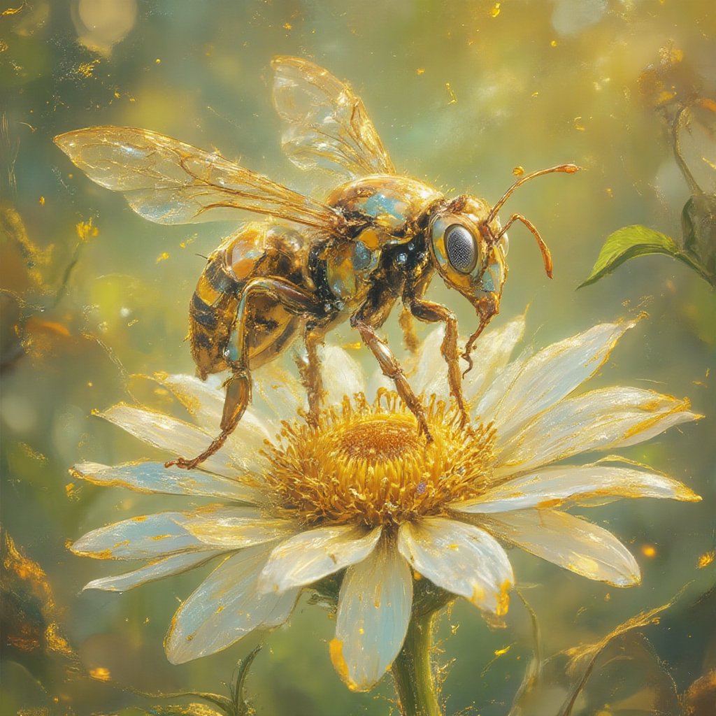 This is a highly detailed digital artwork featuring a realistic depiction of a Wasp,  meticulously rendered with a futuris...