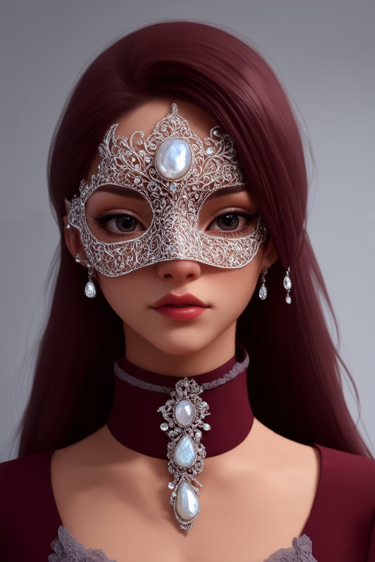  close-up, a woman, an openwork mask on her face with ornate patterns, decorated with white precious stones, burgundy long hair, mother-of-pearl shine on the skin, detailed elaboration of the face and jewelry, burgundy closed dress with a high collar, lace trim around the edges of the collar, shades of gray, burgundy, white, beige, dim light, glare on gems, hyperrealism, photorealism.