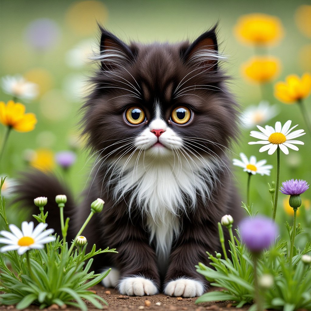 cute black cat of chinese munchkin breed with white chest and white paws on flowering meadow,  daisies,  cornflowers by  M...