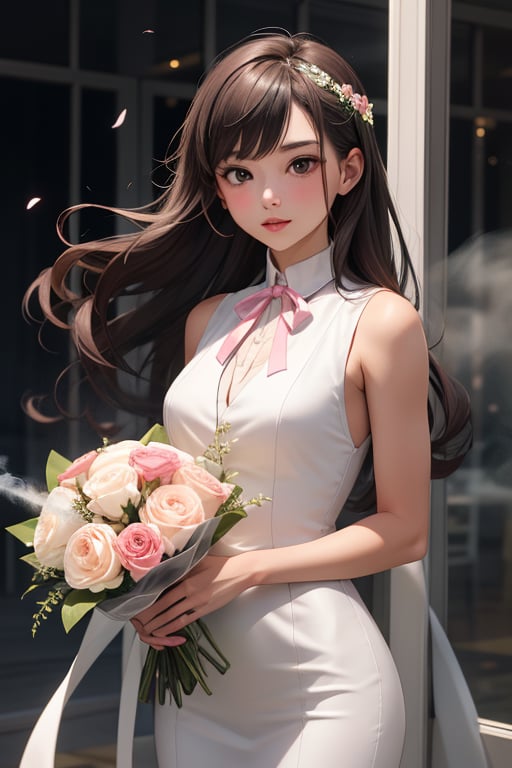 She was facing the bouquet and had a slender figure. Her long hair was draped over her vest, held gently by a pink ribbon. She was dressed in white, and the flowers shone brightly when reflected. She felt like there was smoke gathering behind her.