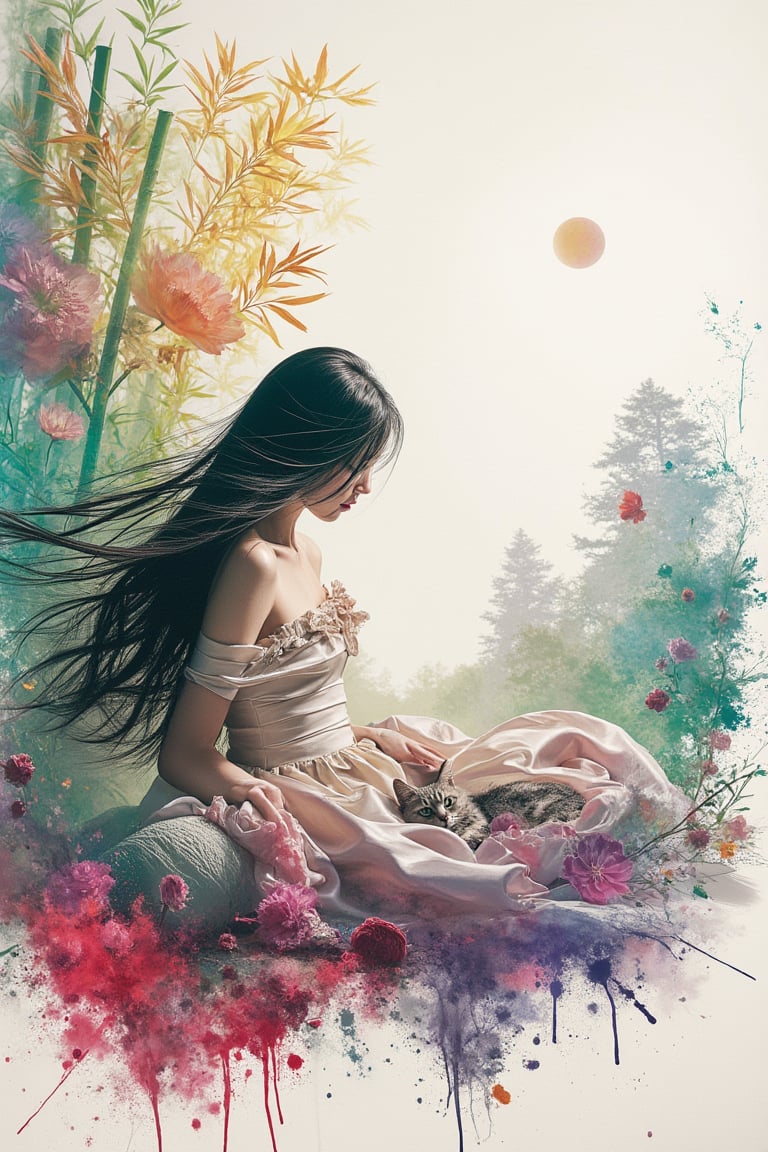 A mystical realm unfolds: a silhouette of a curious Asian lady with long hair and a flowy dress lies down on a bed with silky covering with her tabby cat playing lying comfortably on he dress with a ball of yarn beside it. All these contrast against a radiant white background. Her hair and her dress flow with the wind with grace and elegance. Flowers burst in the scene that mixes with the mystical landscape. A fantastical landscape, reminiscent of Studio Ghibli's whimsy, lies in the distance. Bamboo forest fills the periphery of the frame. Vibrant hues of emerald and amethyst dance in the forefront, as if illuminated by an ethereal glow. The composition is framed by a subtle double exposure effect, creating an enchanting atmosphere of depth and dimensionality. There are splatter of paint in various colours around the frame, enhancing the abstract nature of the painting. Auguste Renoir ~ Paul Peel ~ John Singer Sargent ~ Alexandre-Jacques Chantron ~ John William Godward ~ John William Waterhouse ~ Han-Wu Shen ~ Ishitaka Amano ~ Chakrapan Posayakrit ~ Kim Jung Gi ~ Kei Mieno ~ Ikushima Hiroshi ~ WLOP ~ William-Adolphe Bouguereau ~ Alphonse Mucha ~Luis Royo ~ Range Murata ~ Jock Sturges photography ~ David Hamillton photography ~ Rustic Sketchbook Style, Sketch Book, Hand Drawn, Dark, Gritty, Realistic Sketch, Rough Sketch, Mix of Bold Dark Lines and Loose Lines, Bold Lines, On Paper, Turnaround Character Sheet, Natural Light, Dynamic, Highly Detailed, Watercolor Painting, Watercolor Paper, Artstation, Concept Art, Smooth and Crisp, Sharp Focus, Illustration, Goth girl,sparkles