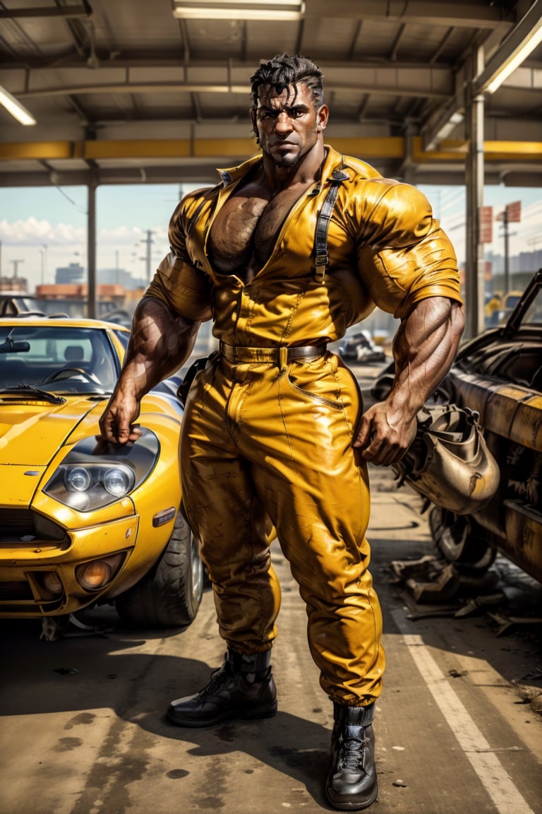 Close-up shot of a mechanic dressed in an orange jumpsuit, crouched beside a vintage Ford GT, covered in streaks of grease and grime. His hands move deftly as he tinkers with the engine, his focus intense. The camera captures the rusty patina of the car's exterior, the worn leather seats, and the chrome accents, while the mechanic's jumpsuit stands out like a burst of citrus amidst the industrial backdrop.