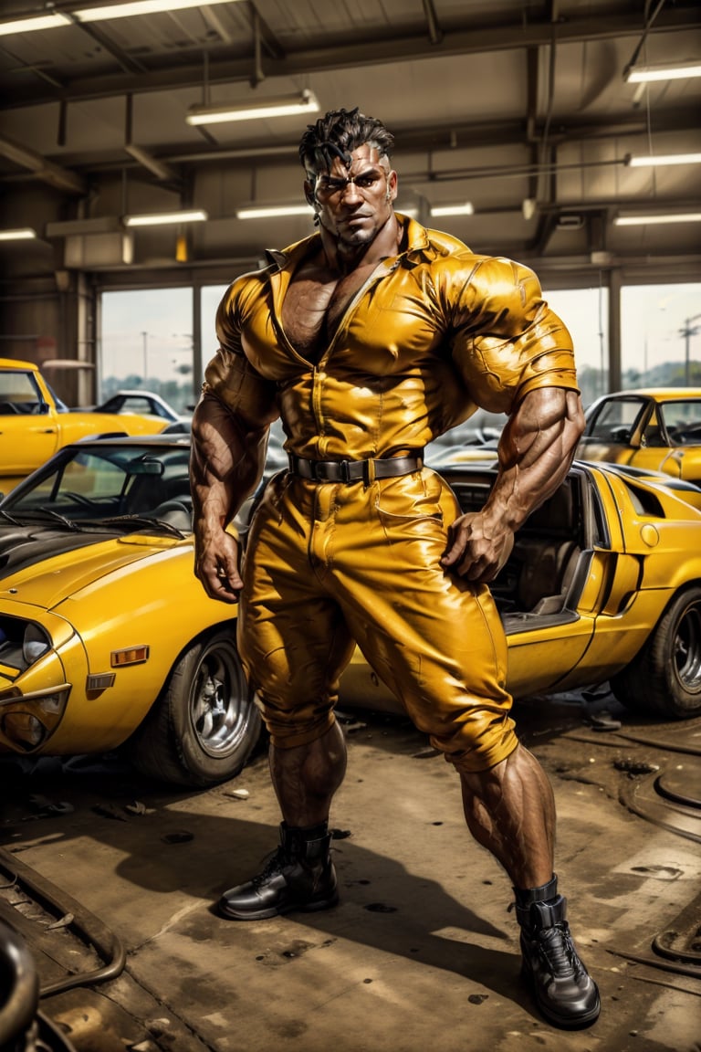 Close-up shot of a mechanic dressed in an orange jumpsuit, crouched beside a vintage Ford GT, covered in streaks of grease and grime. His hands move deftly as he tinkers with the engine, his focus intense. The camera captures the rusty patina of the car's exterior, the worn leather seats, and the chrome accents, while the mechanic's tight fitted jumpsuit stands out like a burst of citrus amidst the industrial backdrop. He has deadlocks.