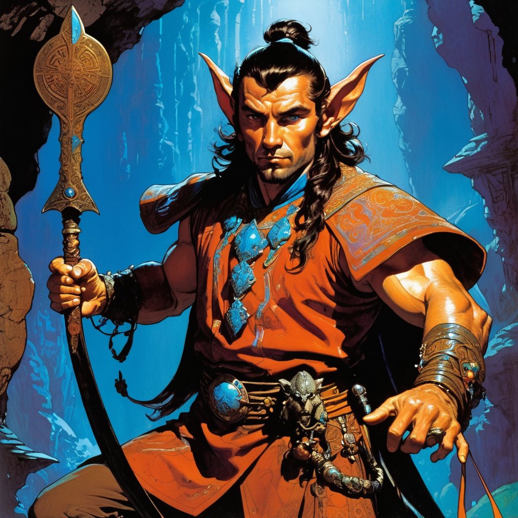 art by Frazetta in the style of Phillippe Druillet, A Serious male conjurer, halfling with Blue eyes, Brown hair, Oriental skin, Pointed Ears, and Large Ears, colorful clothing in a dungeon