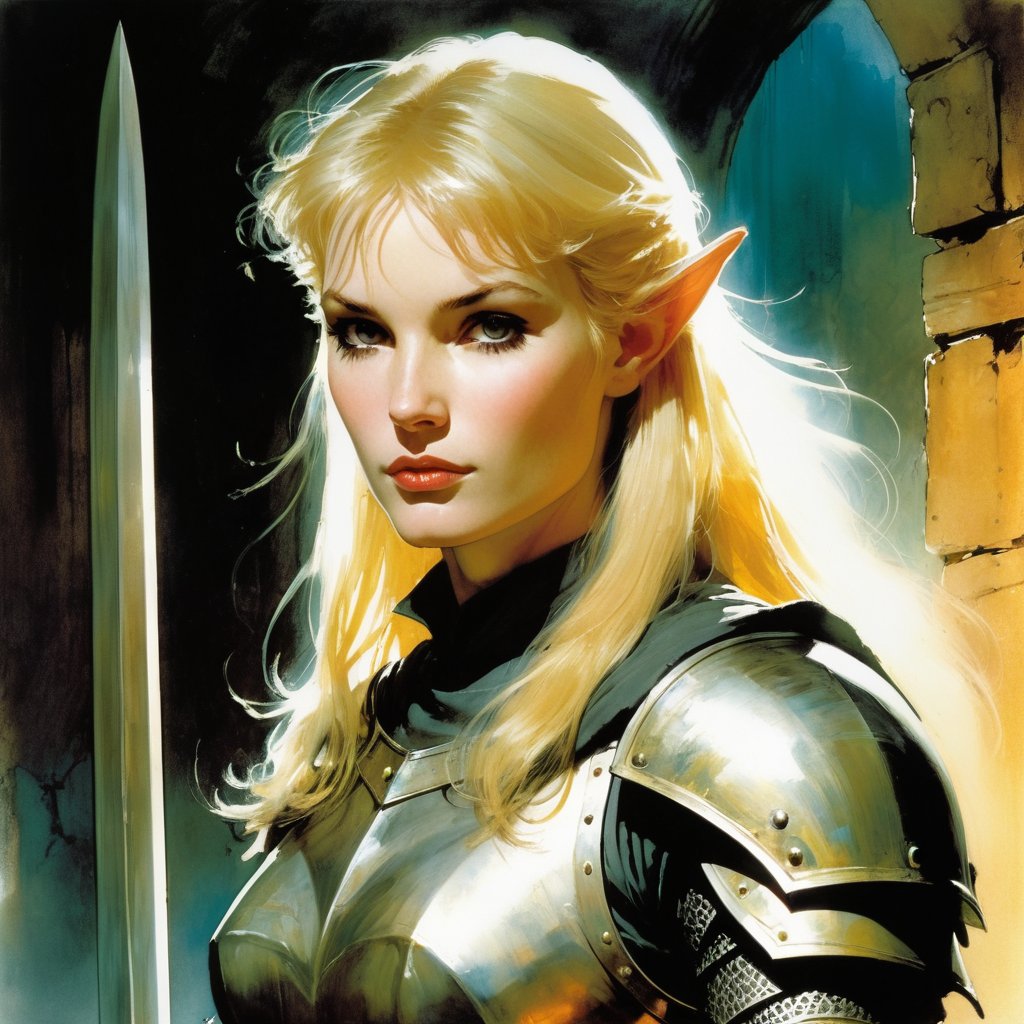 art by bill sienkiewicz in the style of Frazetta, A Neutral female knight, half-elf with Dark Grey eyes, Light Blond hair, Fair skin, Round Eyes, Large Ears, Thin Lips and Sharp Features, in a dungeon