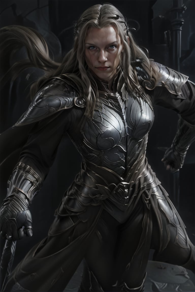 REALISTIC full body art by John Romita and Simon Bisley,A Neutral armored female knight in a dungeon, half-elf, Silver-Grey eyes, Light Blond hair, Upturned Eyebrows, and High Cheekbones, 