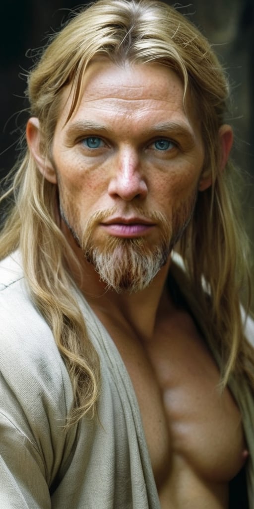 A Serious male martial artist giant (9' tall) with Green eyes, Blonde hair, Normal skin, and Soft Features, art by Brian Froud and Gustave Dore in a dungeon
