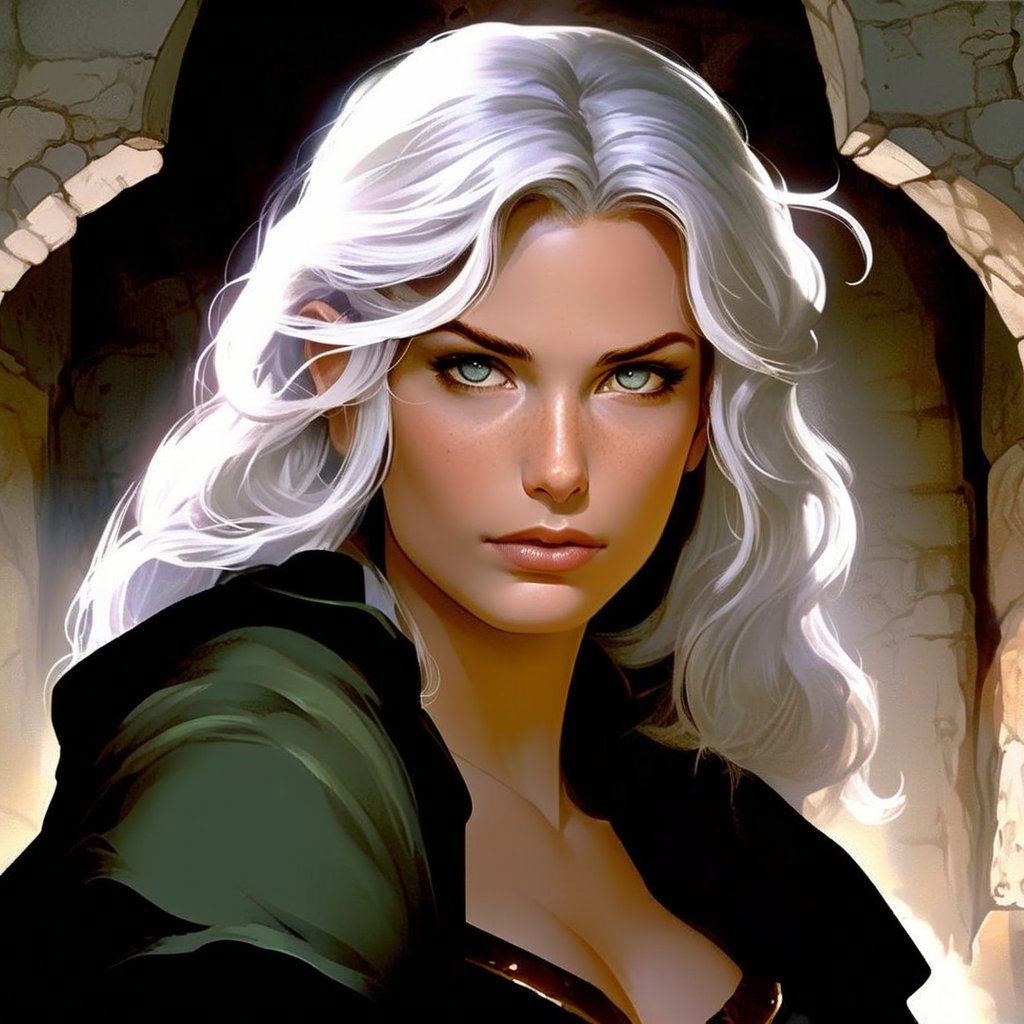 art by Gerald Brom and John Romita; A Gentle female half-elf martial artist with Silver-Grey eyes, light grey hair, Pale skin, Curly Hair, High Cheekbones and Small Ears, in a dungeon