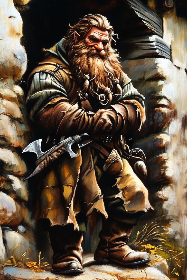 A gritty hill dwarf fighter stands atop a worn, stone-walled cottage, his deep tan skin and ruddy cheeks testament to years of outdoor toil. Strong and compact at 1.35m tall, he weighs 72kg, his physique honed from years of mining and manual labor. ((Brown hair)) is messy, eyes bright with a hint of mischief. Muted somber colors - earthy tones of brown, beige, and faded grey - adorn his rugged features, reflecting his poor yet hard-bitten existence. A dagger at his hip, he exudes a self-centered air, the epitome of a ghetto fighter, his taciturn nature only adding to his formidable presence.