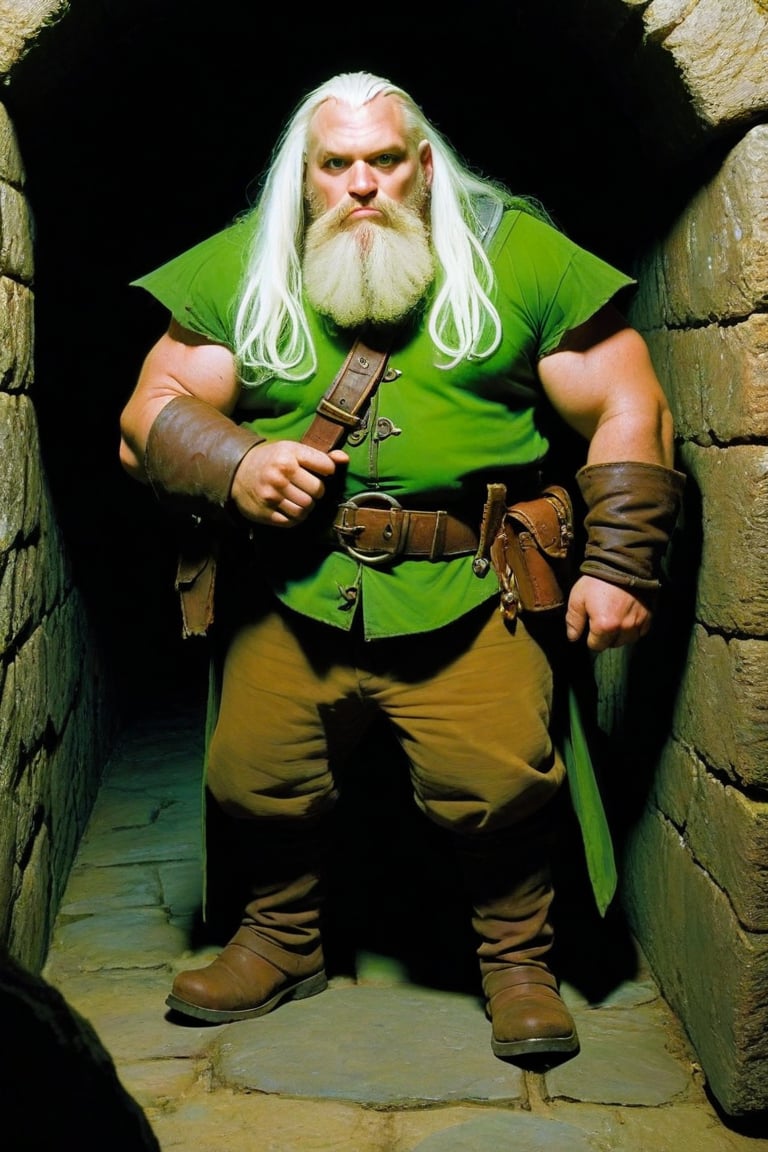 score_9, score_8_up, score_7_up, (score_9:1.1), (score_8:1.1), from front, 
art by tim Burton and Mike Mignola, A Cynical female ranger, dwarf, stocky and muscular, with bright Green eyes, long White hair and beard, Brown skin, beard, dressed in earthen colors, in a dungeon