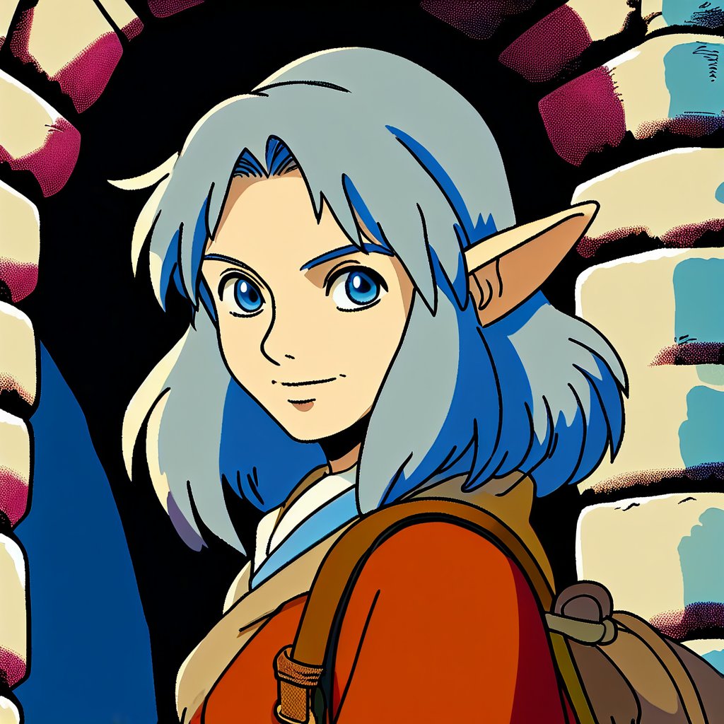 art by studio ghibli and Milo Manara, A Carefree female hobbit robber with Blue eyes, Grey hair, ruddy skin and Large ears, colorful clothing,  in a dungeon