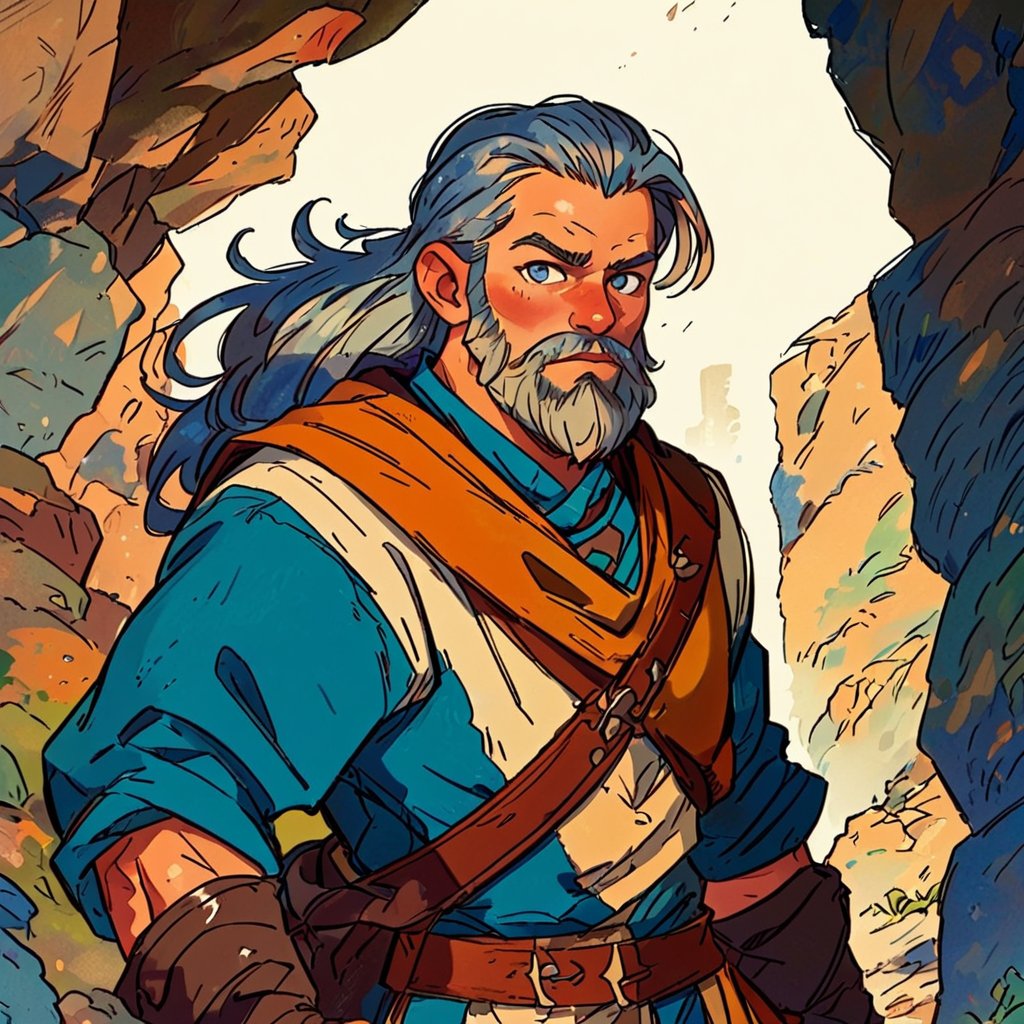 art by John Romita in the style of el greco, A Carefree male ranger, dwarf, stocky and muscular, with bright Blue eyes, long grey hair and beard, Brown skin, beard, Large nose, narrow nose and Sharp features, dressed in earthen colors, in a dungeon,kidz