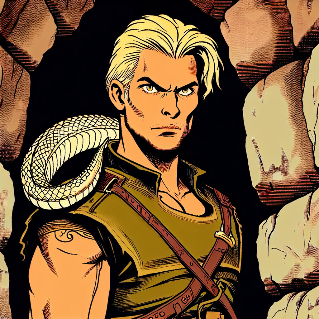 art by Frank Miller and Angus McBride, A Serious male human ranger with Golden eyes, Blonde hair, Tanned skin, Upturned Eyebrows, Wide Nose, dressed in leather, with a rattlesnake, in a dungeon