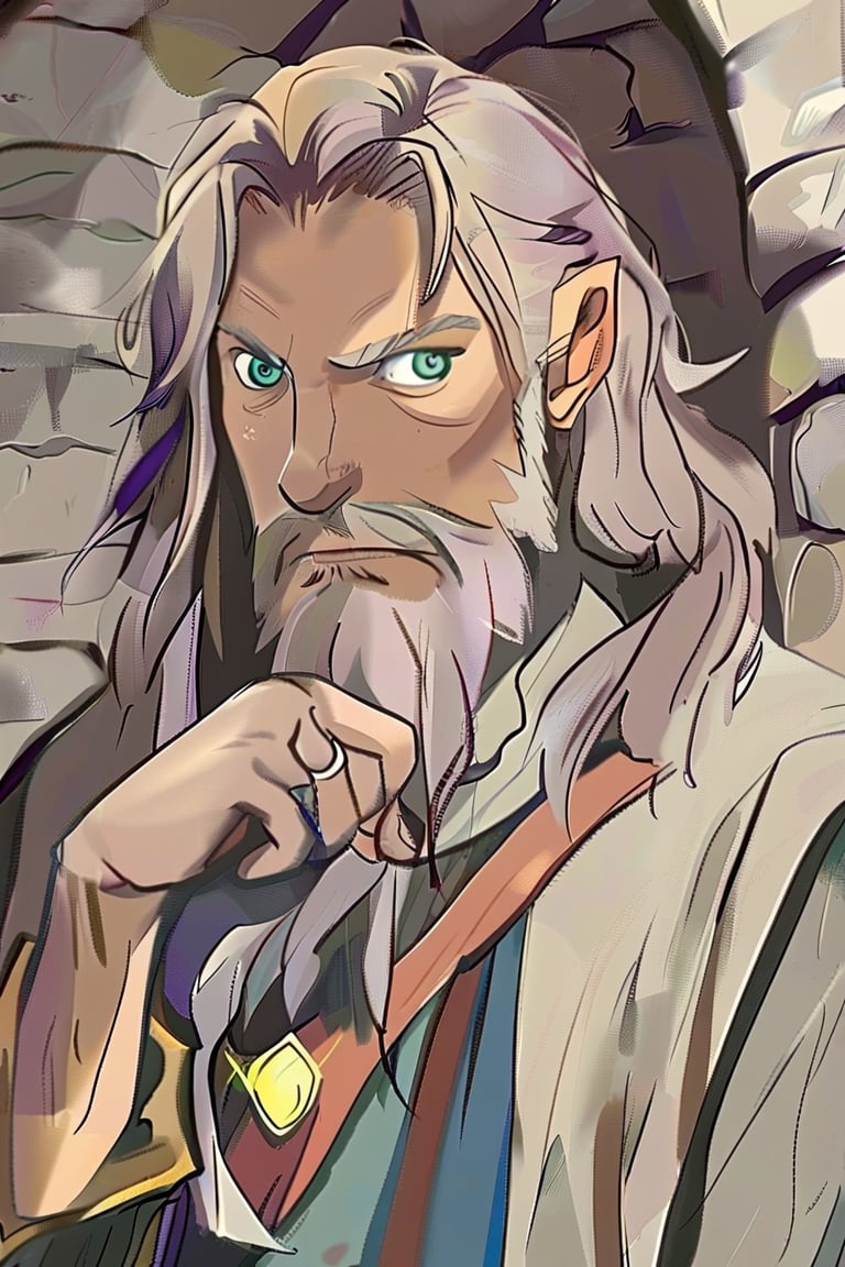 A Puzzled male wizard hobbit with Grey eyes, Grey hair, ruddy skin , colorful clothing,  in a dungeon