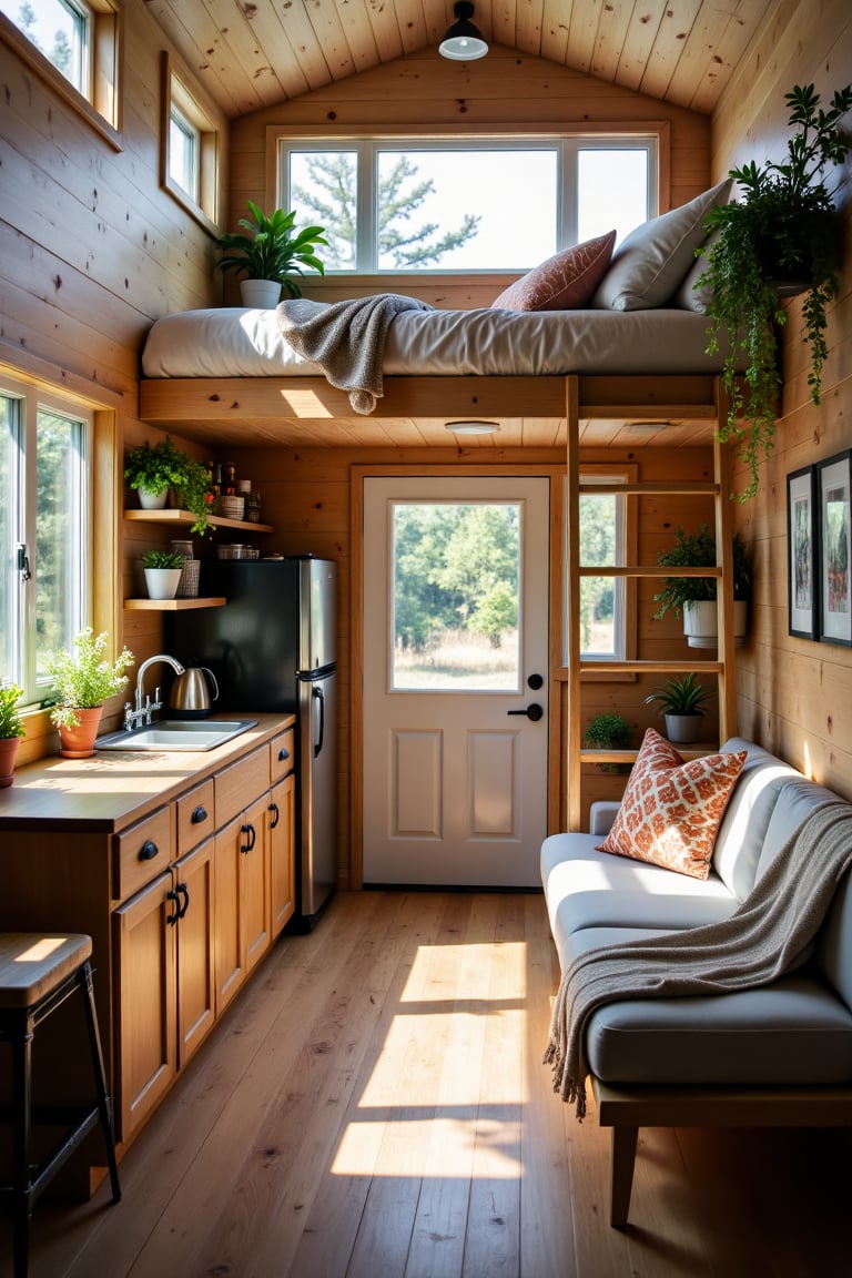 Create an image of the interior of a modern,  cozy tiny home. The space is compact yet well-designed,  with an open-plan l...