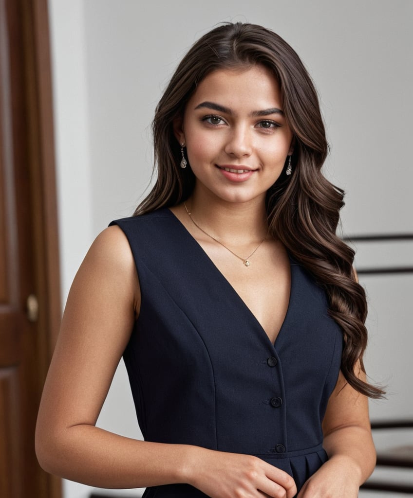 Generate hyper-realistic,  hyper detailed image of a female model in a formal outfit,  posing in her college by PC_EDGE_la...