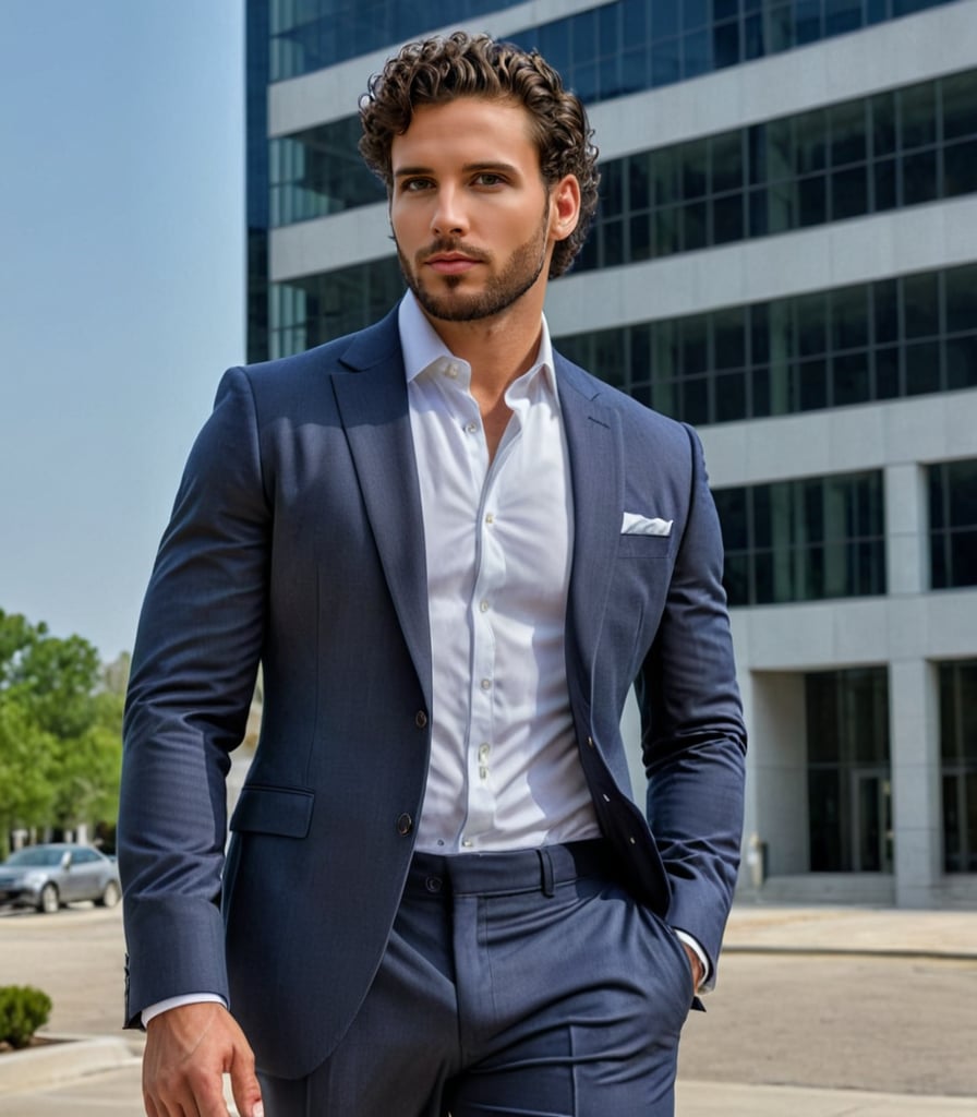 Generate hyper-realistic, hyper deatiled image of male model of 22 yrs, full broad chest, black curly hair, styled in ponytail, eye color black, heavy body shape, bold figure, exudes a sense of allure with every glance, has light beard,
A man wearing  a tailored navy blue suit, crisp white dress shirt, and polished black oxford shoes, standing confidently in front of a corporate office building.
giving a sexy eye contact, atheletic  body figure, front view picture, beautiful face, confident approach, epicrealism, photorealistic