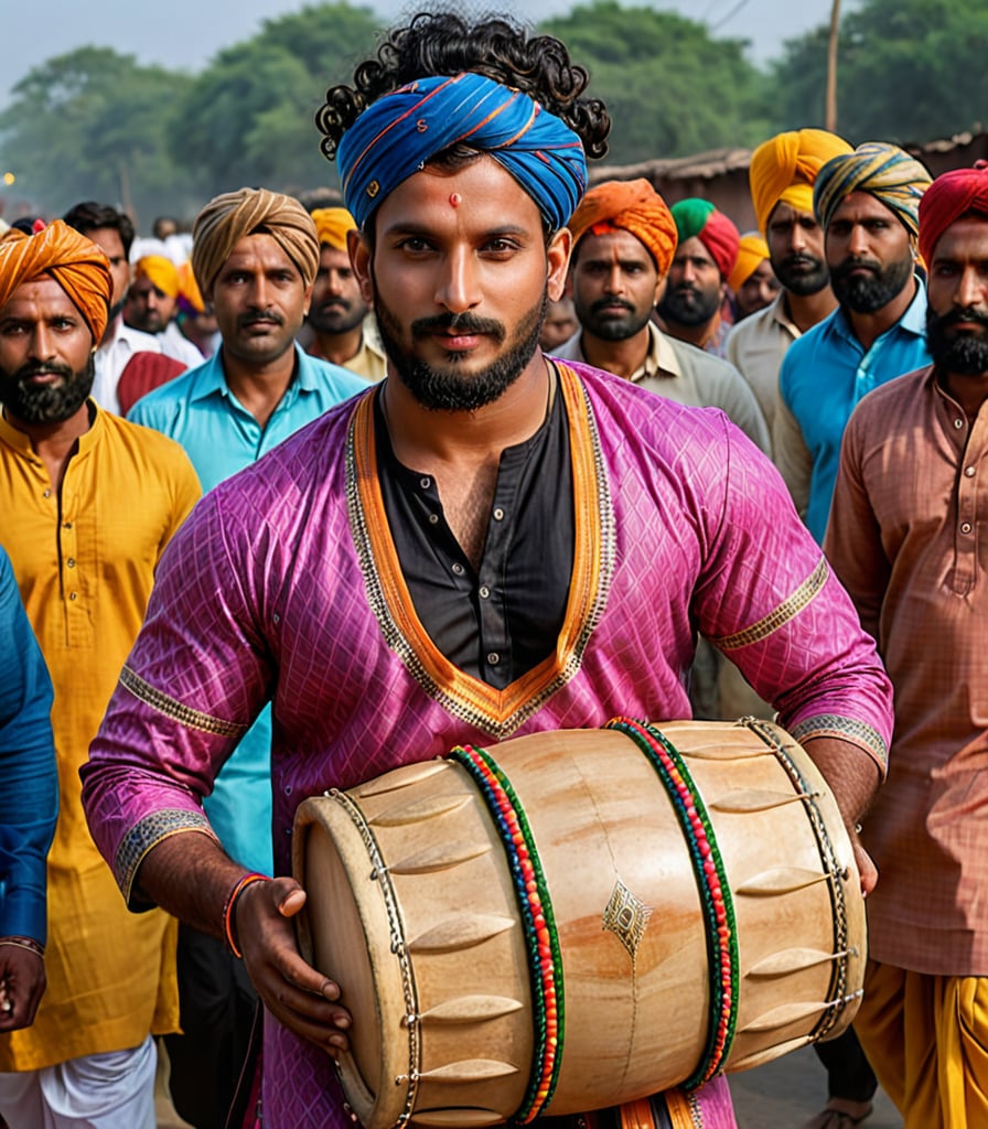 Generate hyper-realistic, hyper deatiled image of male model of 22 yrs, full broad chest, black curly hair, styled in ponytail, eye color black, heavy body shape, bold figure, exudes a sense of allure with every glance, has light beard,

in a brightly colored, patterned kurta with a vibrant Rajasthani pagdi (turban), holding a large dhol (drum) as part of a festival procession. His expression is joyful, with people dancing and celebrating around him, as the festival colors and lights create a lively and energetic scene,
giving a sexy eye contact, atheletic  body figure, front view picture, beautiful face, confident approach, epicrealism, photorealistic