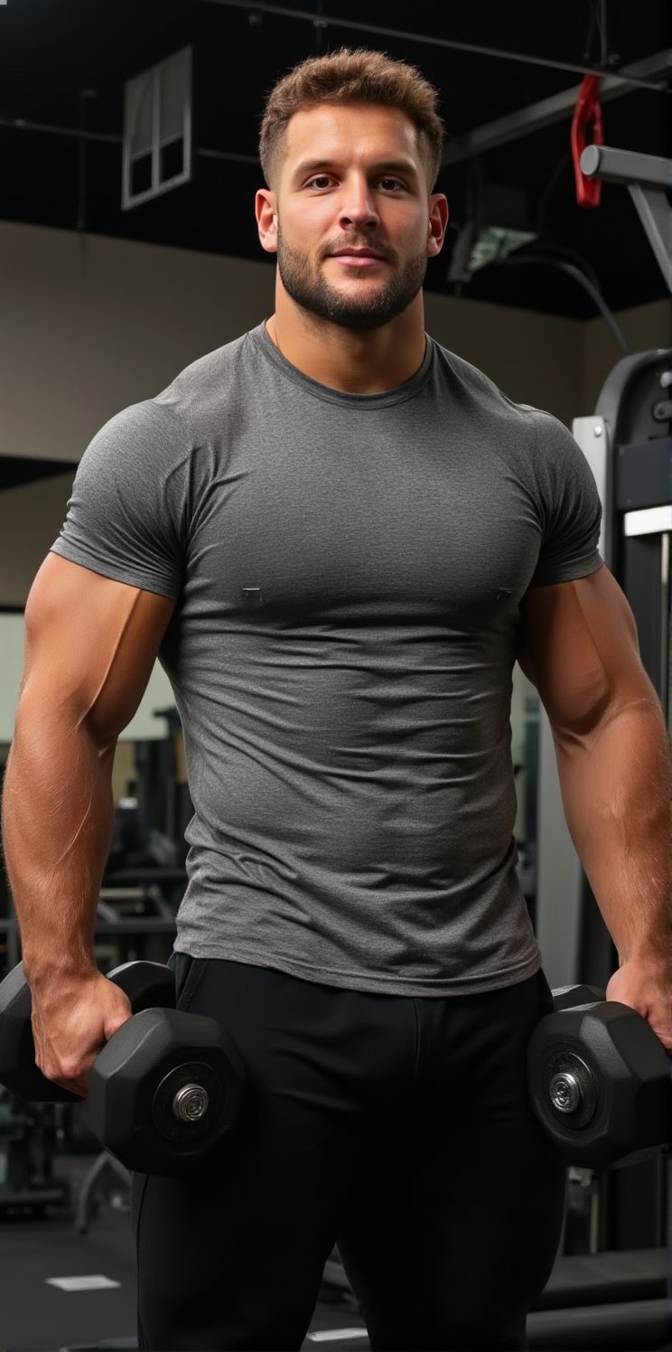 realistic photo of n1ck,  gray shirt, gym, flexing, looking at viewer,Lift dumbbells,smug,flirt,tease,bicep curl flex,blonde