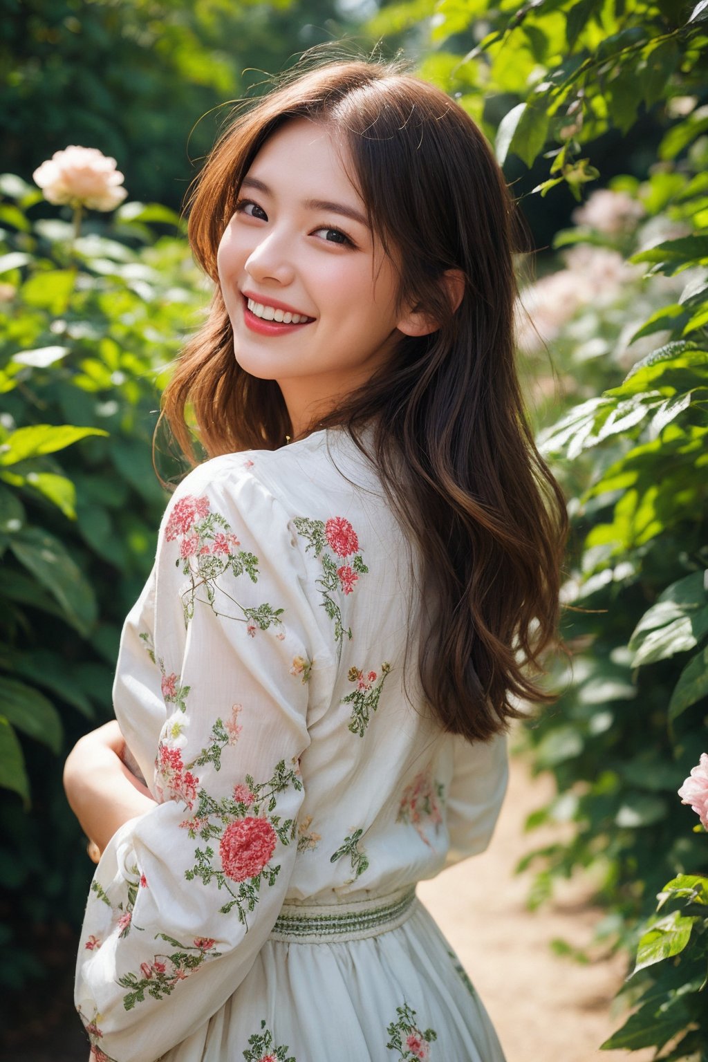 A stunning Ukrainian beauty poses in a lush botanical garden on a bright, sunny day. She wears a vibrant traditional embroidered dress adorned with intricate black, red, and green patterns, her blonde hair shining under the warm light. Her radiant smile captures the essence of joy as she stands amidst a tapestry of colorful flowers, the gentle breeze rustling the petals in harmony with her carefree laughter.,flashphoto