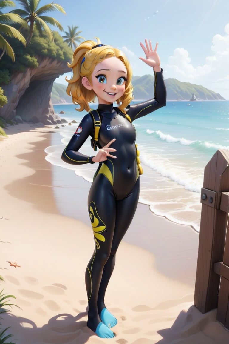 Generate a girl named Gibree who is a cheerful little ocean guide standing at the entrance of the beach. She should be dre...
