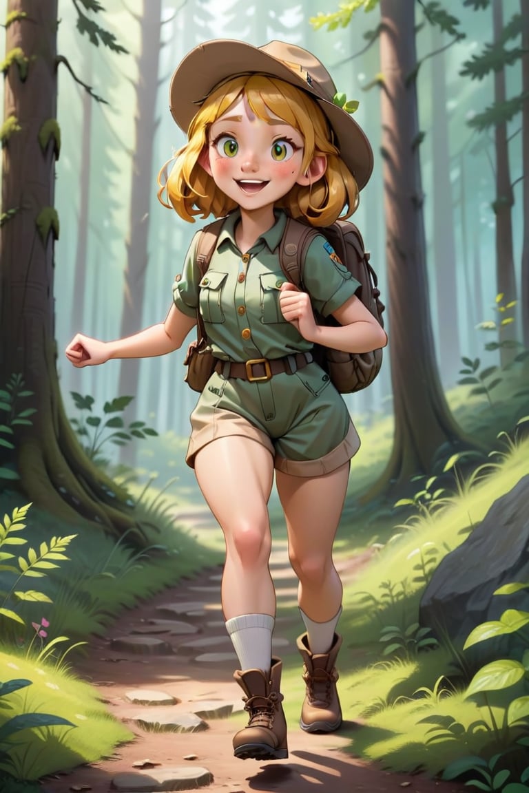 Generate a girl named Gibree who is a cheerful little forest guide standing at the entrance of the forest. She should be d...